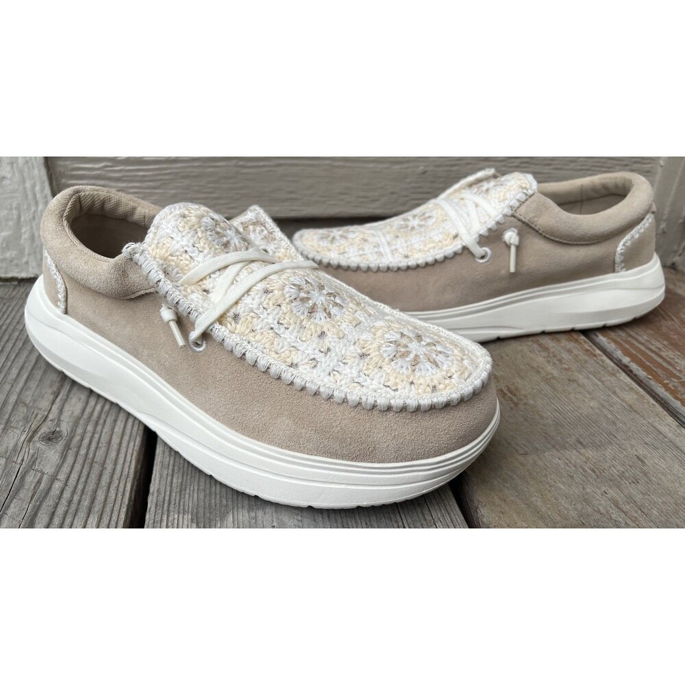 Hey Dude Wendy Comf Suede Crochet Women's 8 Slip On Shoes - Irish Cream/Multi